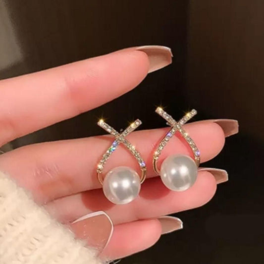 ✨ “Pearl Cross Stud Earrings – Korean Chic Gold-Plated Style”